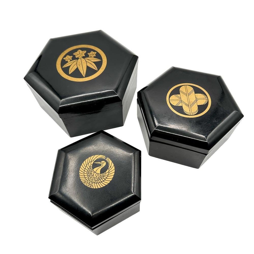 Vintage Nesting Black Lacquer Finish Boxes Hexagon Gold Print Set of Three Japan